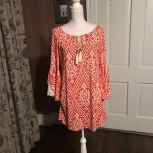 Boho Blu Orange and White Trumpet Sleeve D…
